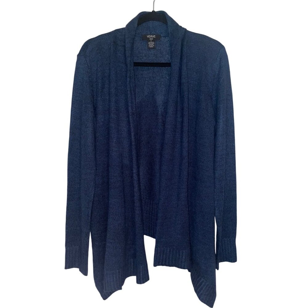 Verve Ami blue black Shawl Style Open Front Cardigan Sweater knit XL